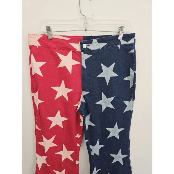 Bibi America Stars USA Bell Bottom Flared American Flag Red Blue Denim Jeans XL - Picture 2 of 9
